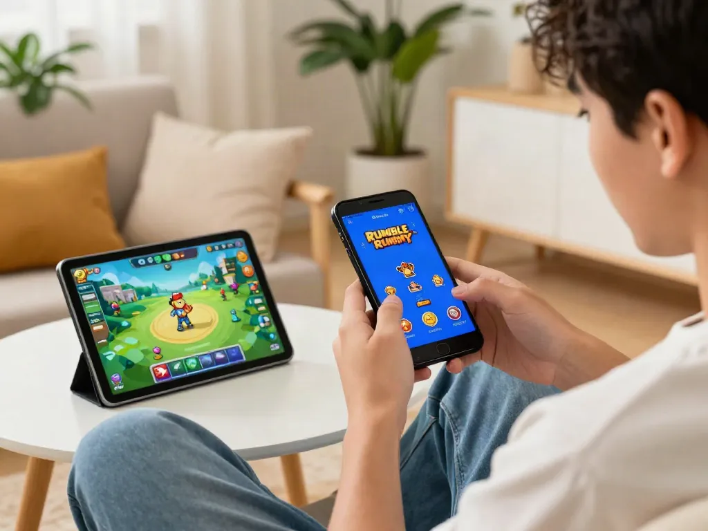 Engaged player enjoying Rumble Rummy app on smartphone in cozy living room.