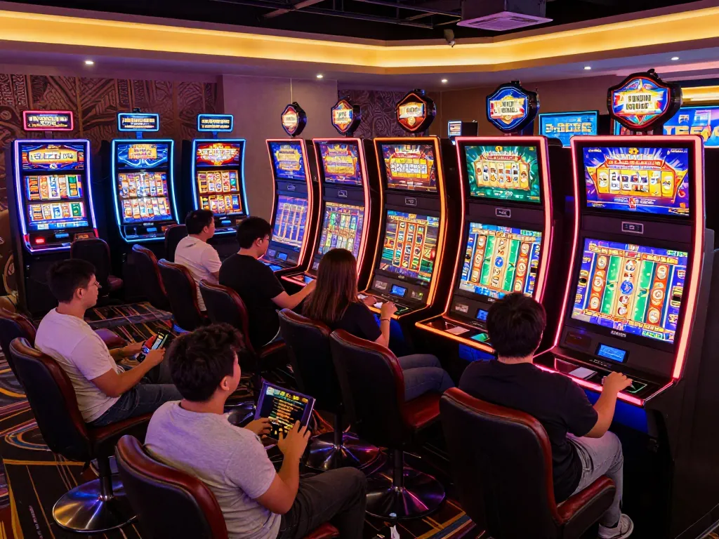 Pemain yang terlibat memutar gulungan pada mesin slot aman788 yang berwarna-warni di pengaturan kasino online