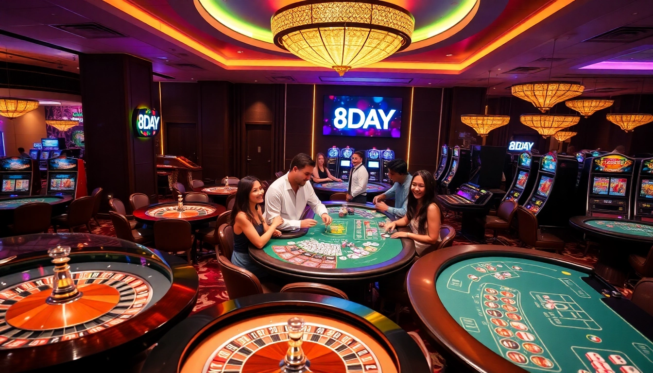 Engaging casino scene with players enjoying games, showcasing 8DAY's thrilling gambling experience.