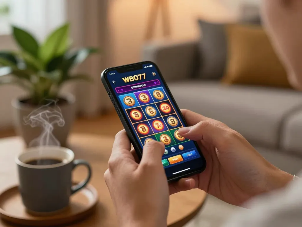 Pemain yang berinteraksi dengan aplikasi WBO77, menikmati pengalaman bermain slot seluler di rumah.