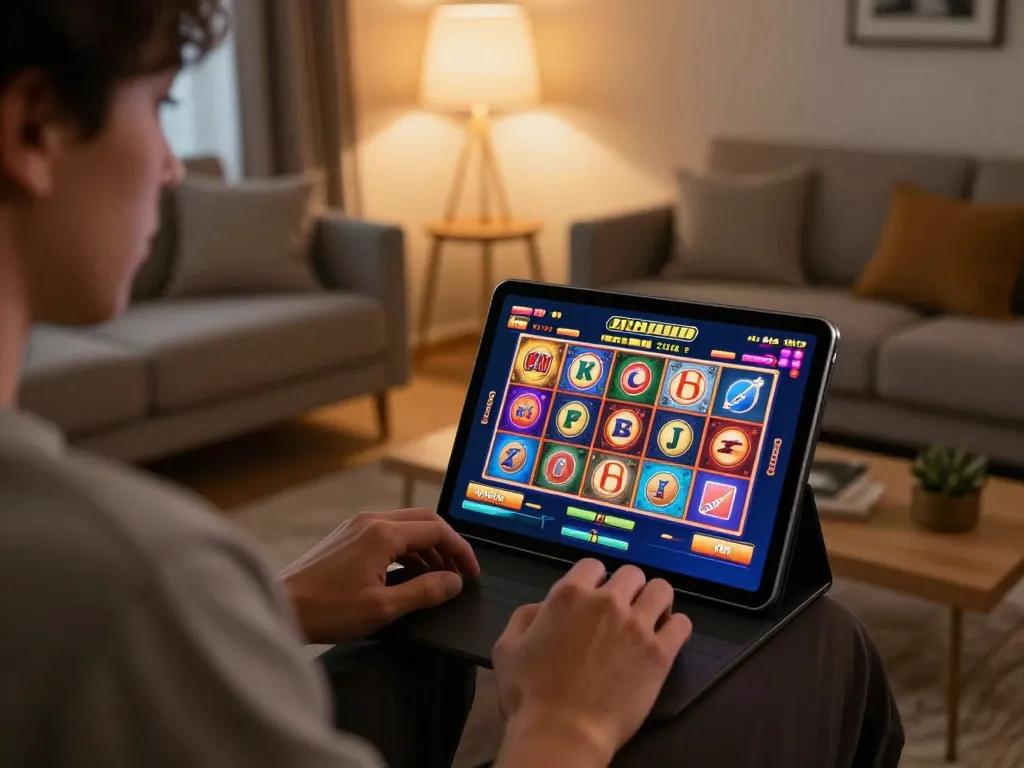Player enjoying a slot gacor game on a tablet in a cozy living room, showcasing online gambling excitement.