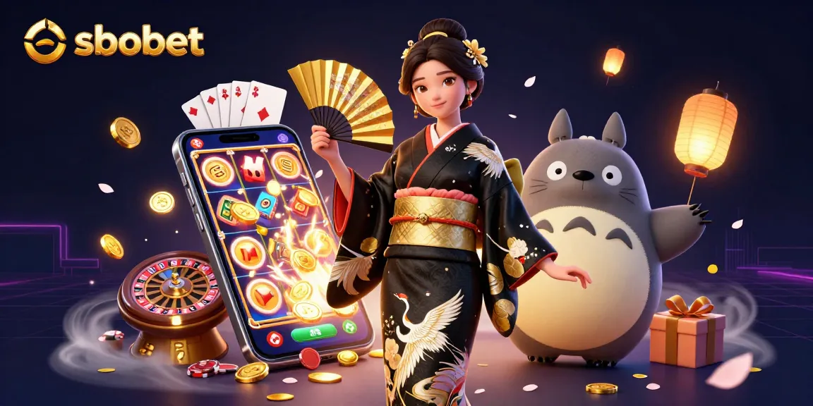 Bet on sbobet's exciting features with a captivating illustration showcasing Japanese themes, gaming elements, and rich visuals.