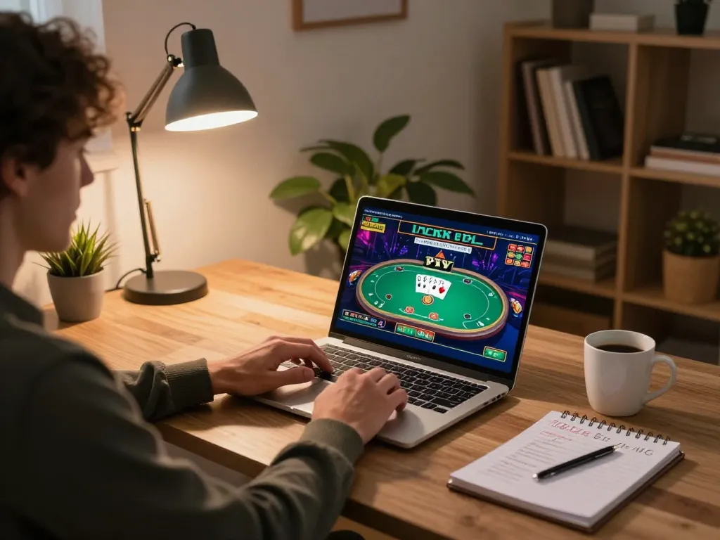 Player enjoying an online casino game at home, featuring 88aa on laptop screen with betting strategy notes.