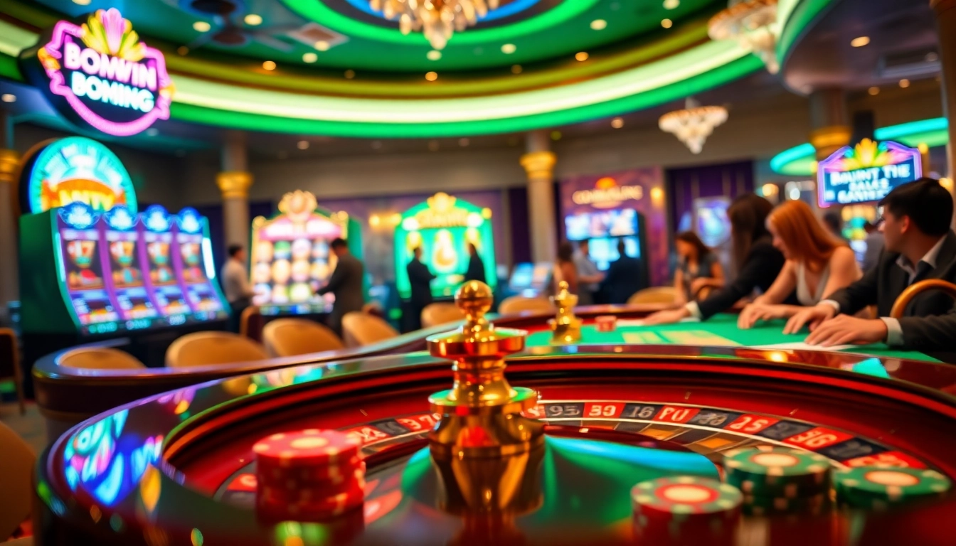Experience the excitement of Bomwin with high-stakes poker chips and a roulette wheel in action.