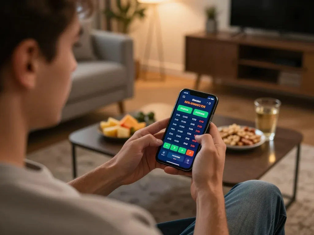Player placing bets on tr88 using a smartphone, showcasing live betting activities in a stylish home