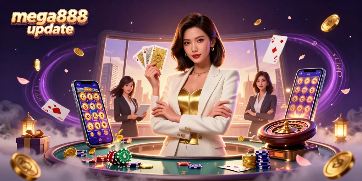 Experience the mega888 update with a glamorous businesswoman amidst exciting casino elements in a vibrant scene.