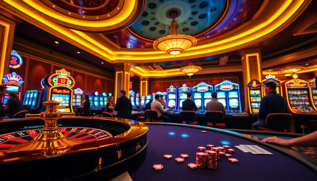 SODO players strategizing at a vibrant casino with roulette wheels and poker tables.