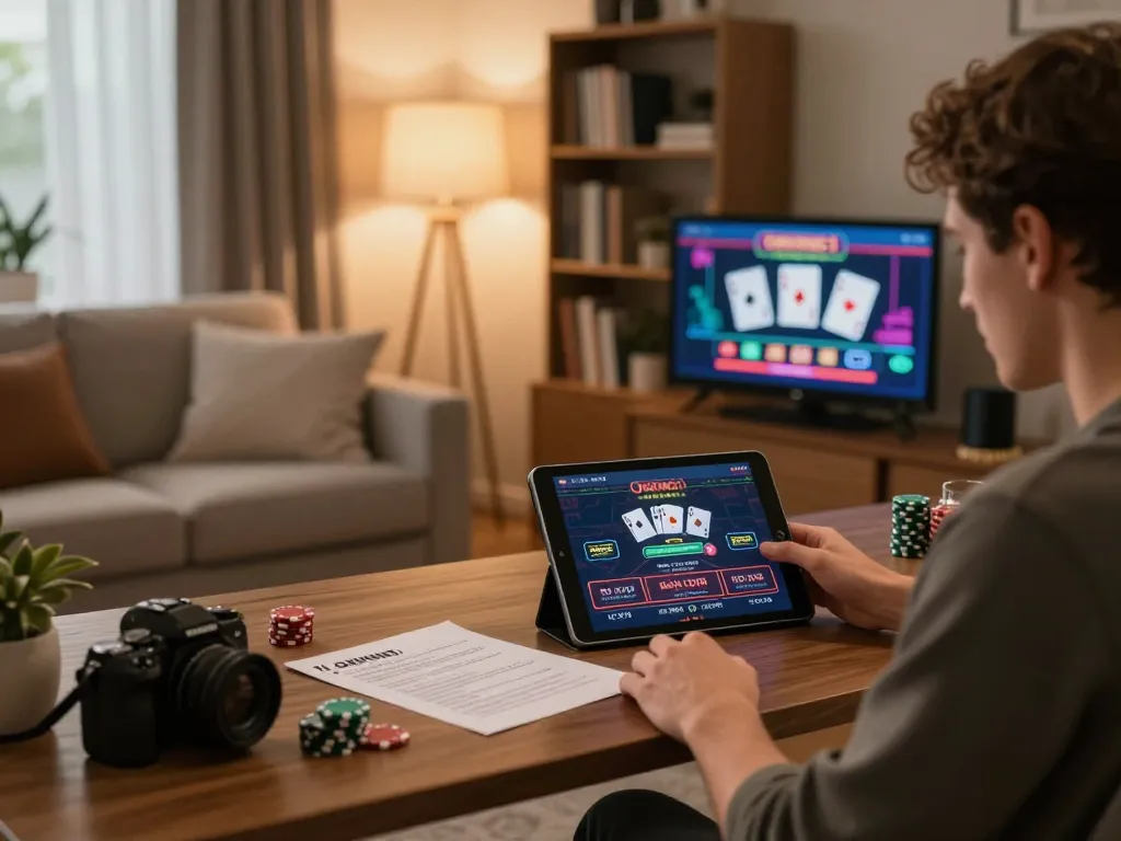 Person strategically playing OKKING1 on a tablet, showcasing an engaging home gaming setup with a focus on responsible gambling.