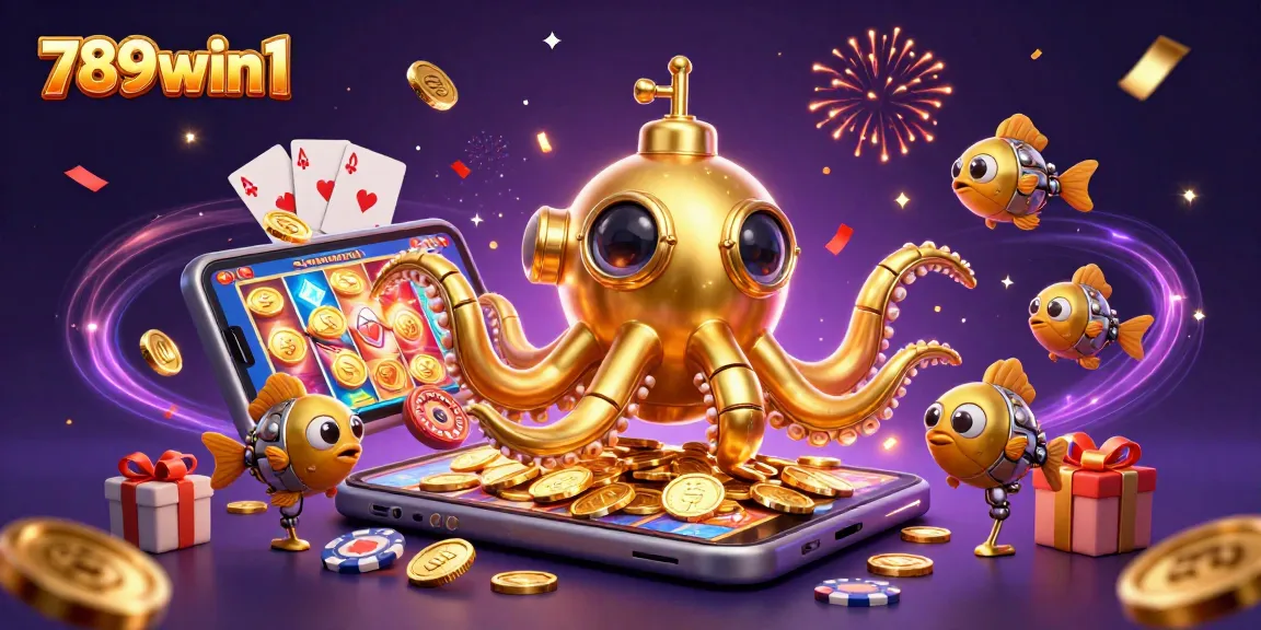Engage in thrilling gaming with 789win1, featuring a golden kraken submarine amidst dynamic slots and casino elements.