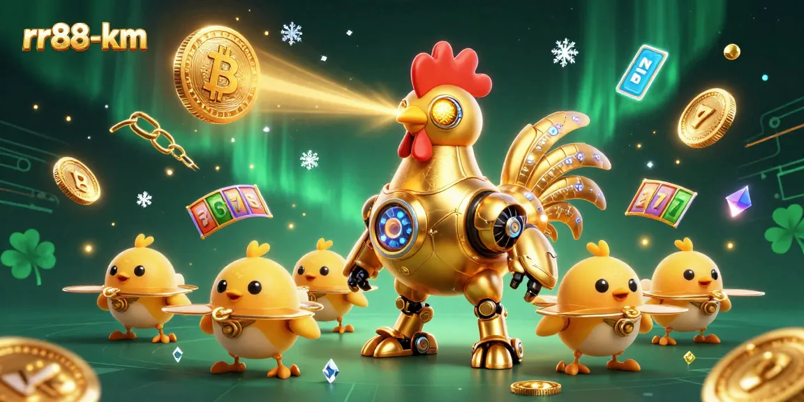 Engage with rr88-km for thrilling casino experiences featuring a golden rooster robot and vibrant slot reels.