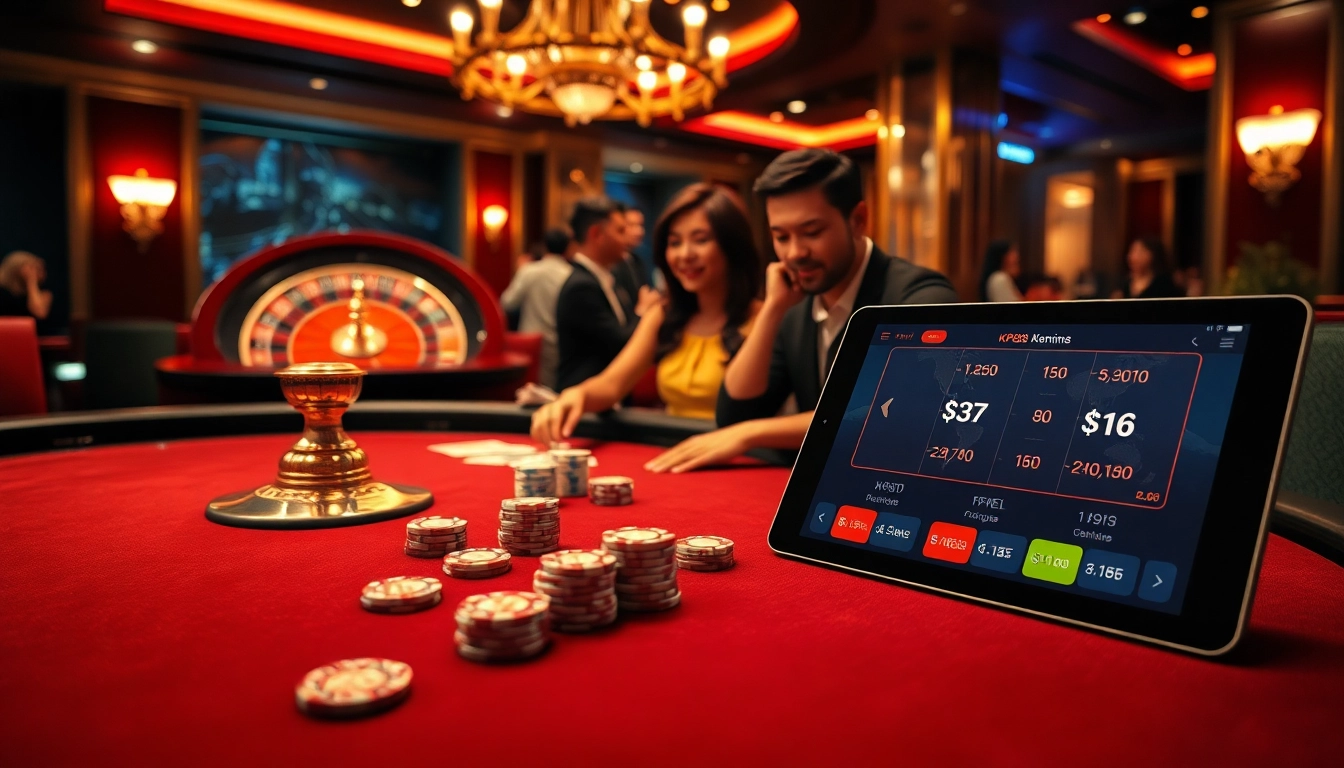 Excited players engage in a thrilling game at KP88's luxurious casino table, showcasing chips and cards.