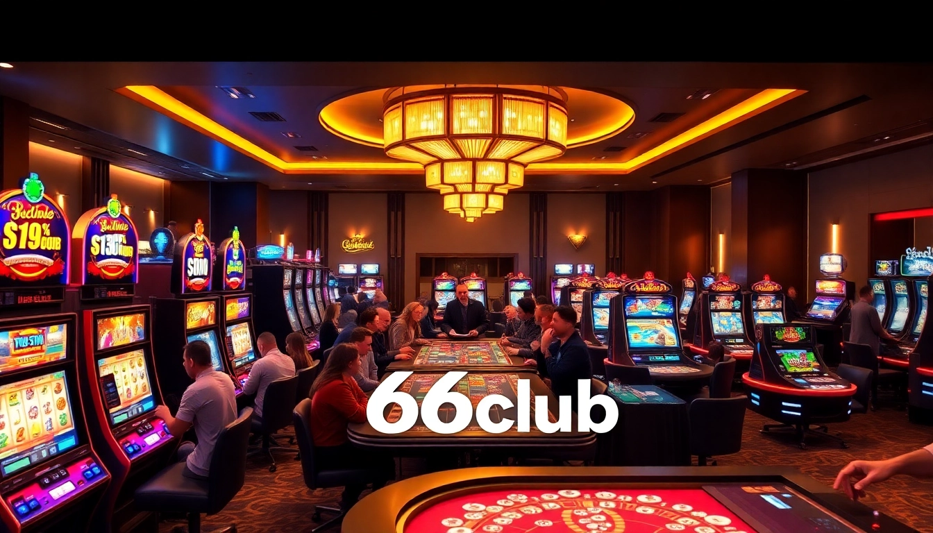 66club's vibrant online casino scene showcasing diverse players enjoying exciting games in a luxurious atmosphere.