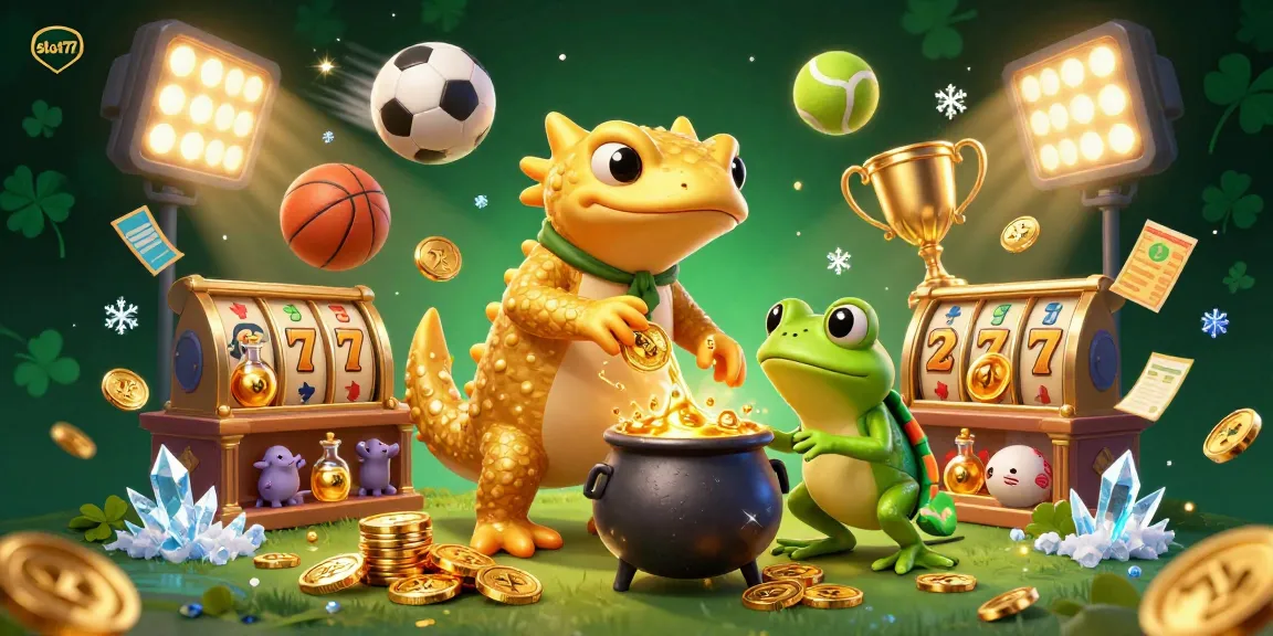 Experience the excitement of slot77 with this 3D illustration showcasing a vibrant casino scene full of lucky elements.