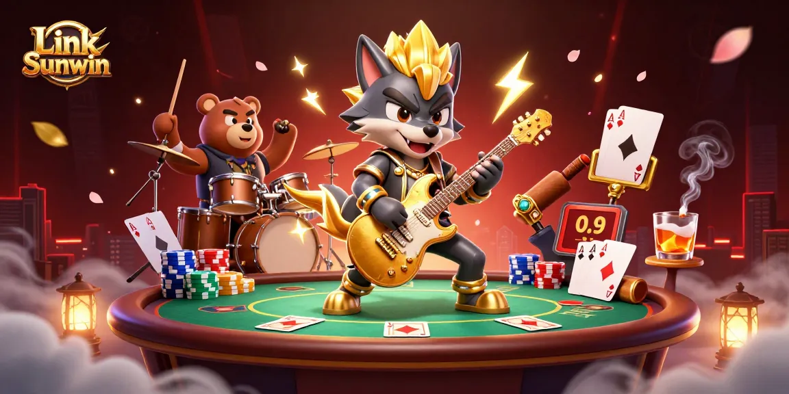 Engage in thrilling play with Link Sunwin as a cartoon wolf rocks on stage surrounded by poker action.