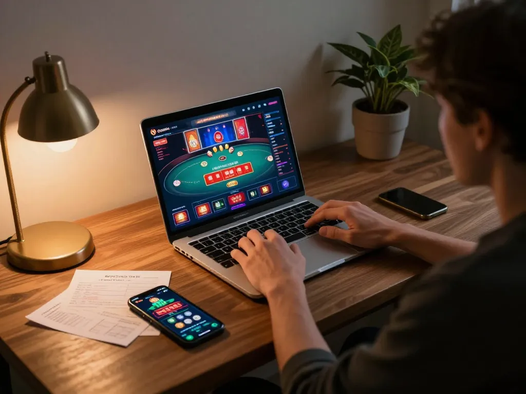 RR88 player engaging in online casino gaming, showcasing desktop setup with betting notes and smartphone.