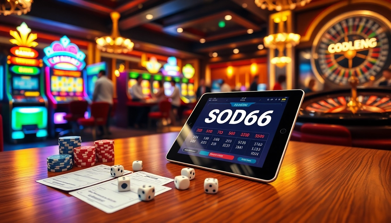 SODO66 online gambling experience with vibrant casino atmosphere, featuring poker chips and a roulette wheel.
