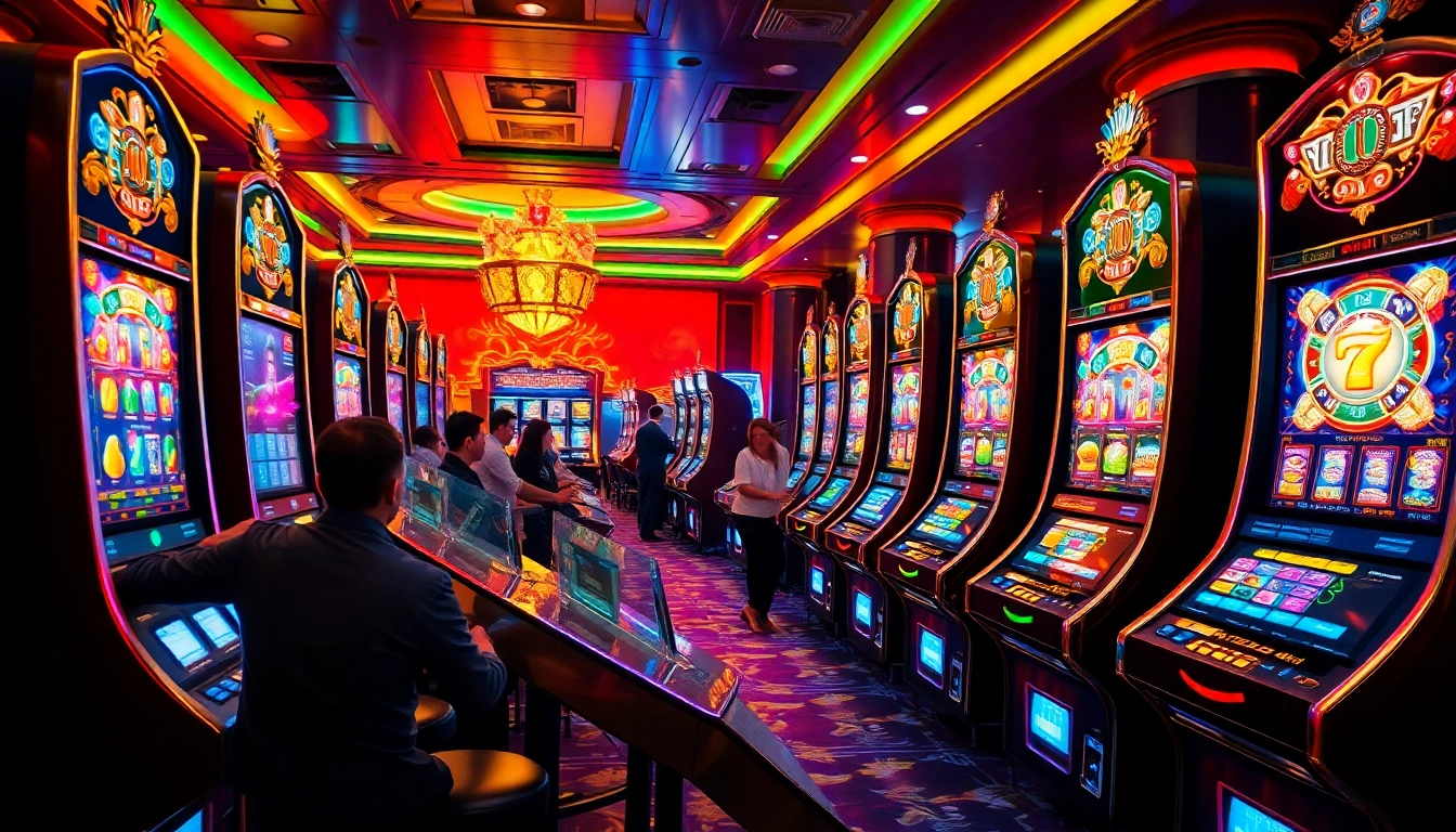Rasakan kegembiraan slot gacor di kasino yang penuh warna dengan mesin slot berwarna-warni dan pemain yang antusias.