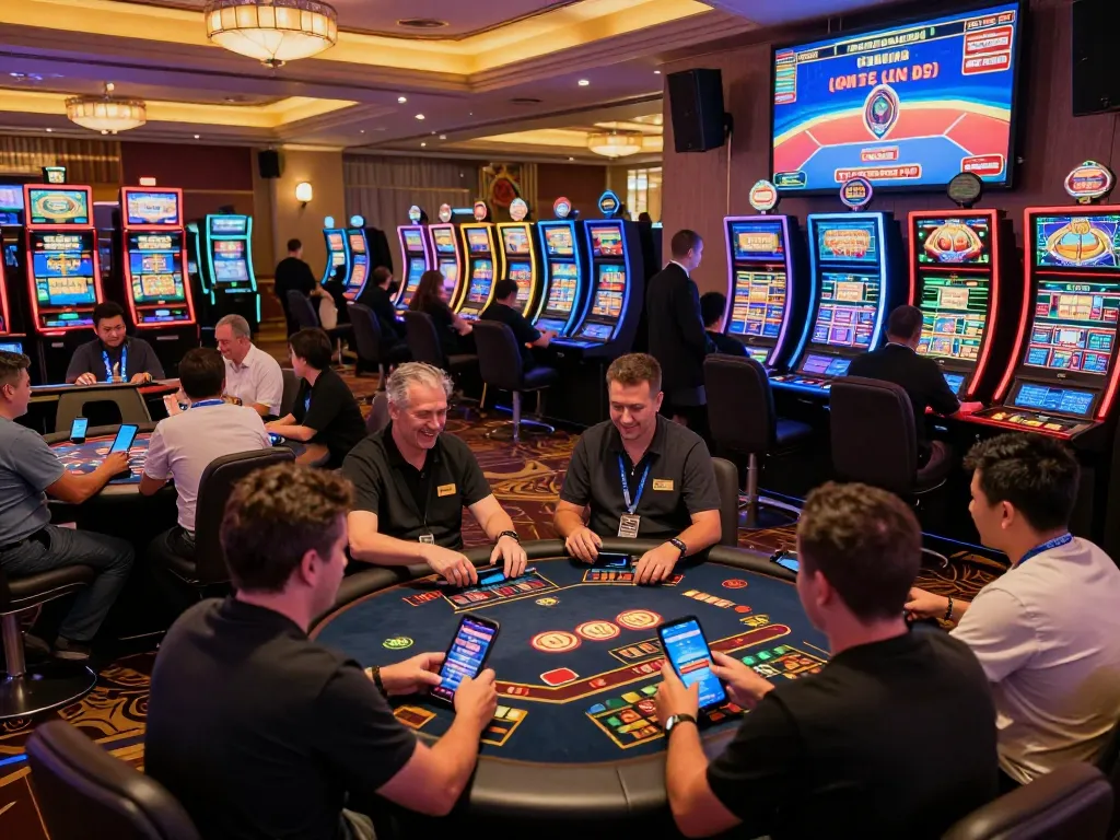 House of opportunities: Players enjoying live online games at Nhà Cái FB88 casino, vibrant atmosphere.