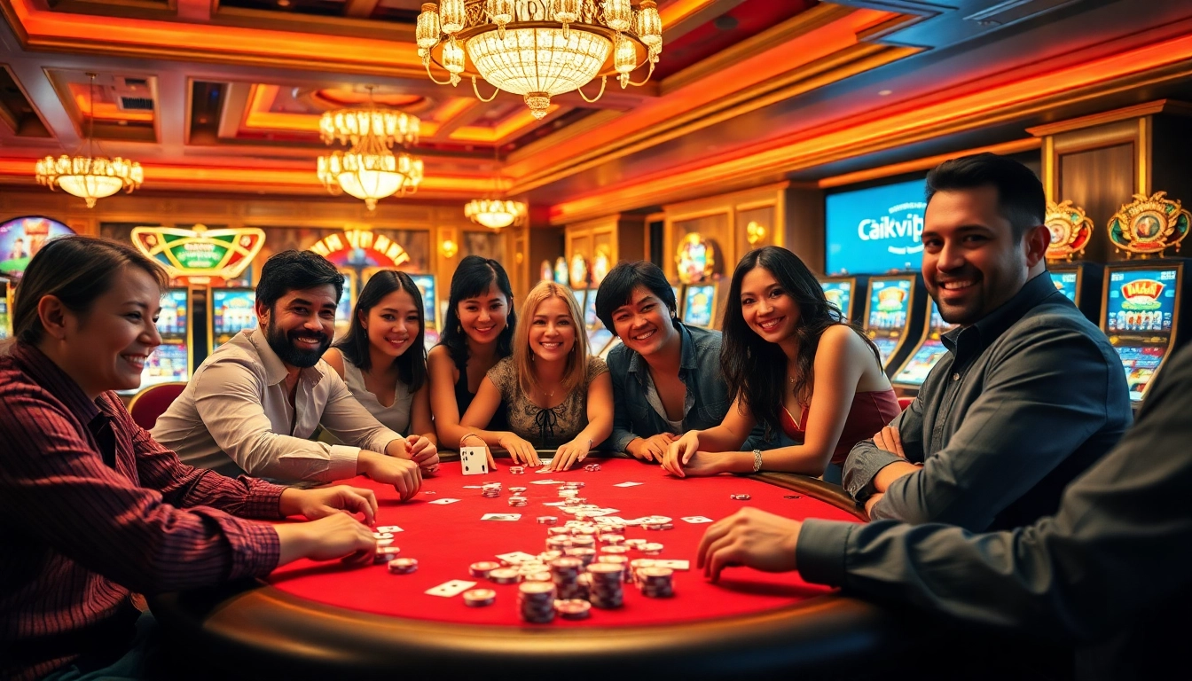 Players engaging in a thrilling poker game while accessing rikvip đăng nhập on a vibrant casino screen.