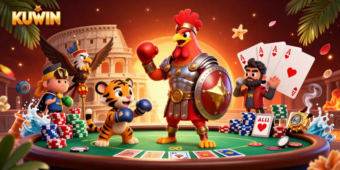 Win big with KUWIN as a gladiator rooster challenges opponents in a lively gaming arena.