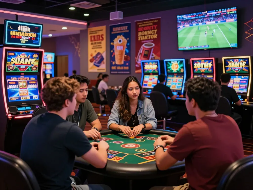 Engaging online gambling scene showcasing players at https://32win.agency/ enjoying casino games with vibrant atmosphere and neon lights.