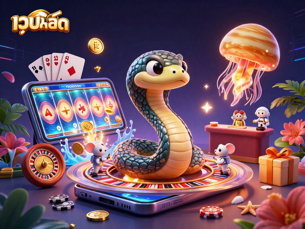 Engage in เว็บสล็อต gaming with vibrant slotted reels and cosmic-themed elements in a delightful 3D scene.