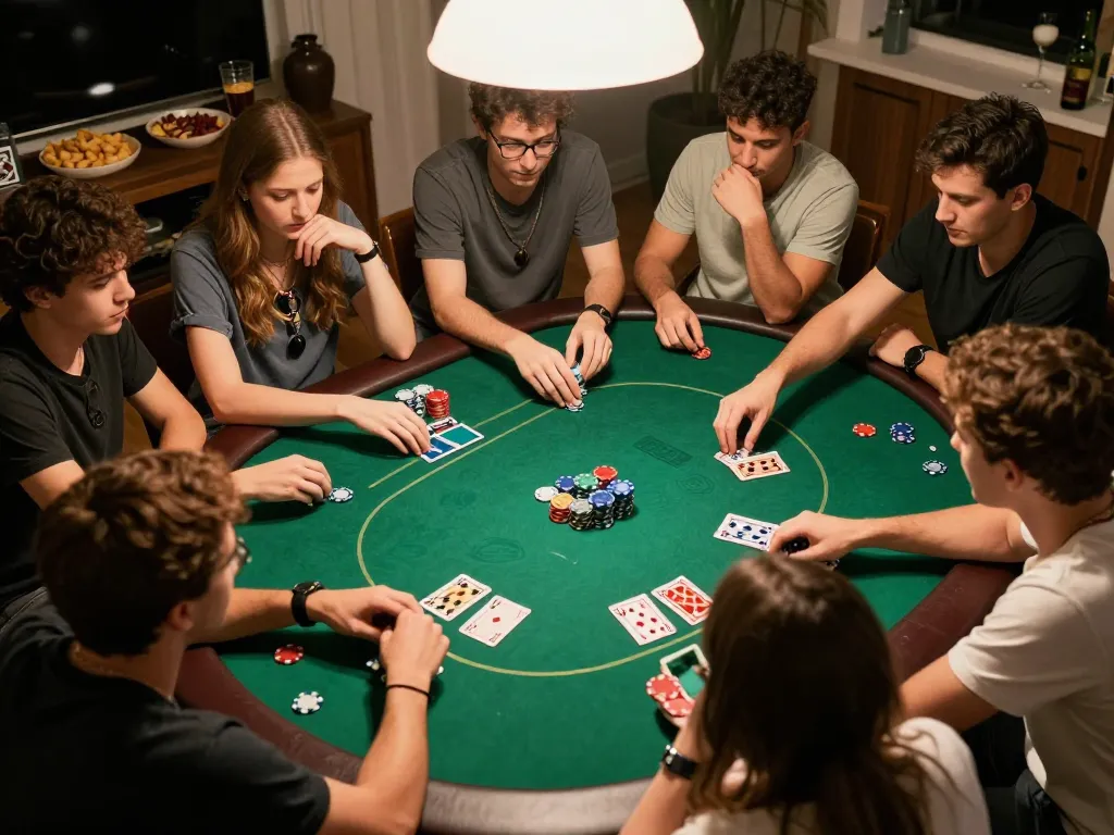 Sekelompok teman yang menikmati malam permainan poker dengan strategi aman788 diterapkan, pengaturan meja yang cerah, pencahayaan hangat dan camilan.