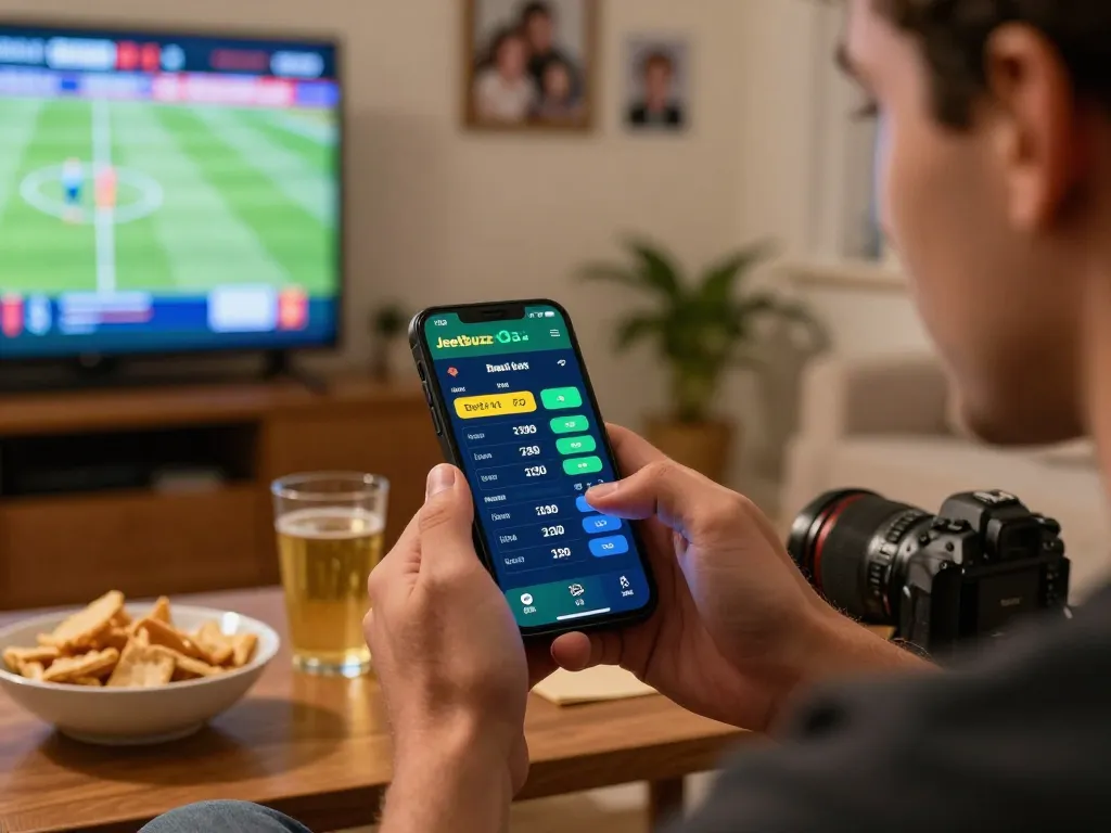 Engaging in sports betting on the Jeetbuzz app while watching live events at home, capturing excitement.