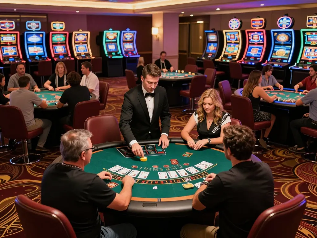 Engaged players at blackjack tables in okwin casino, lively atmosphere and strategic gameplay.