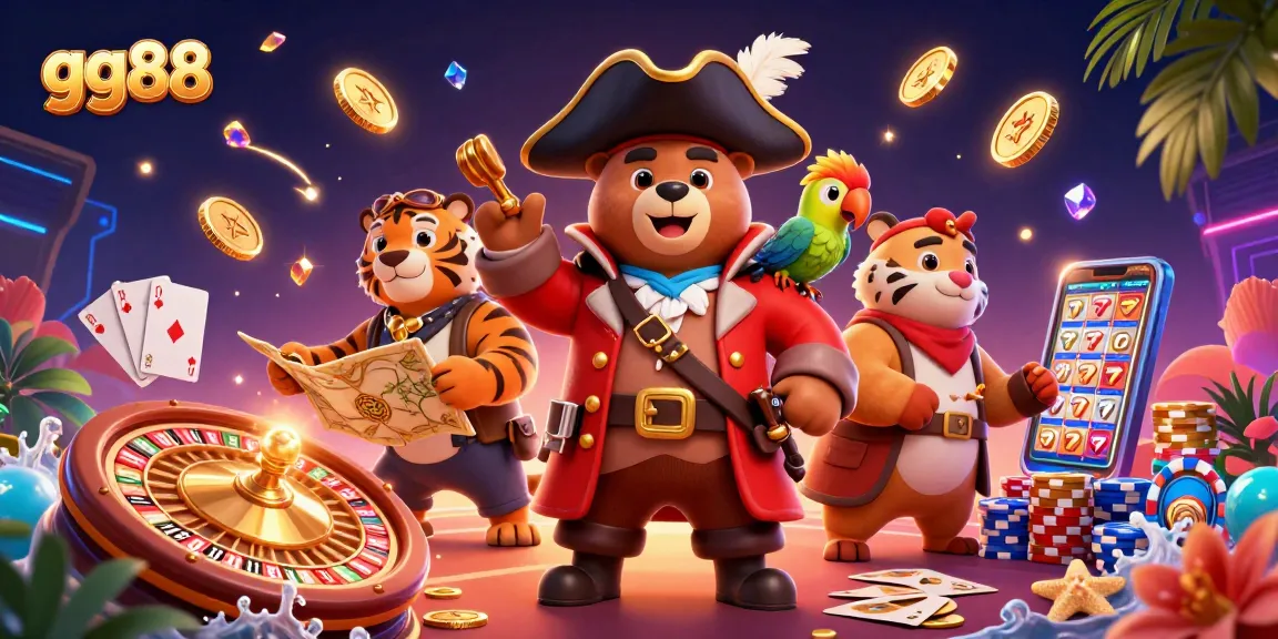 Engage with thrilling gg88 gaming adventures featuring pirate-themed characters, striking slots, and vibrant casino elements.