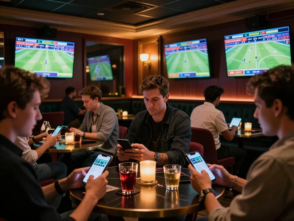 789f enthusiasts strategizing sports bets in a stylish lounge setting, vibrant atmosphere