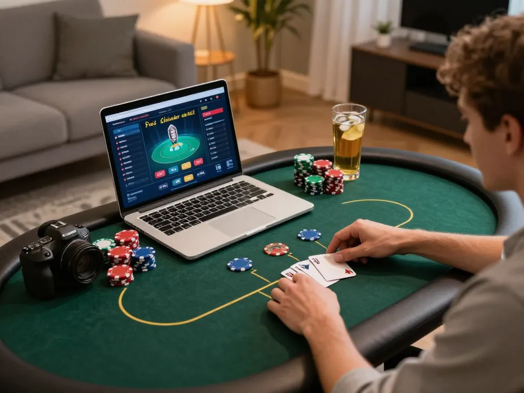 Engaging in online poker gameplay link vào at home with dynamic setup and colorful chips.