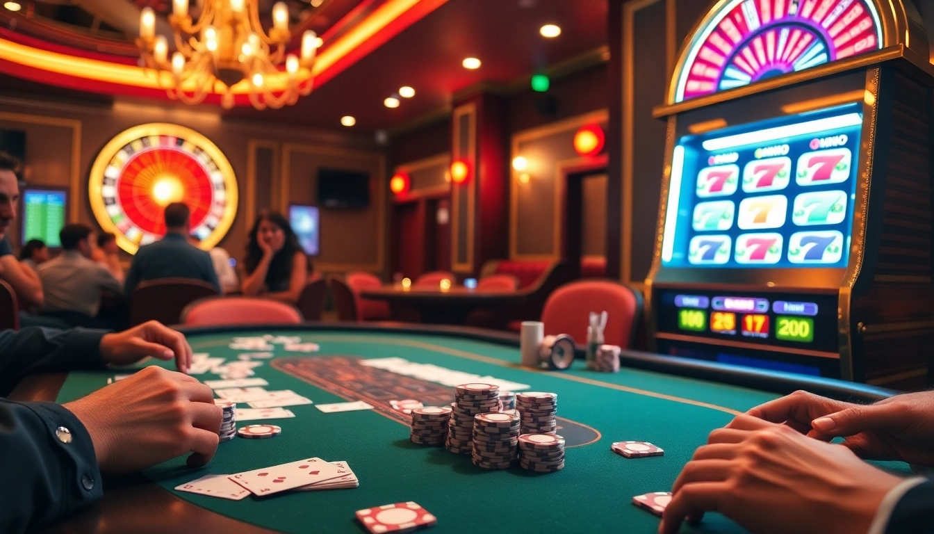 Exciting casino atmosphere at NEO79 with poker games and slot machines.