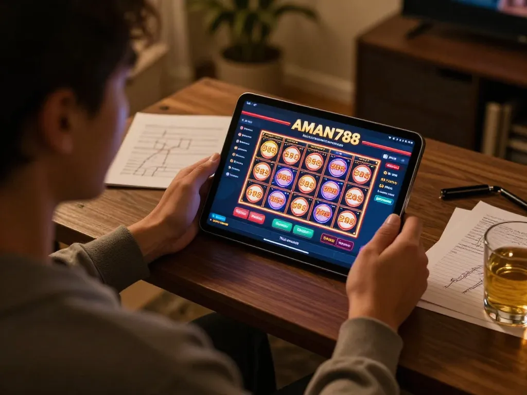 Suasana judi online AMAN788 yang menarik dengan pemain yang fokus pada tablet menampilkan slot yang cerah