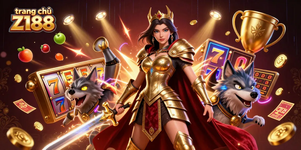 Experience exciting gameplay at trang chủ Z188 with a captivating warrior queen illustration and dynamic casino elements.