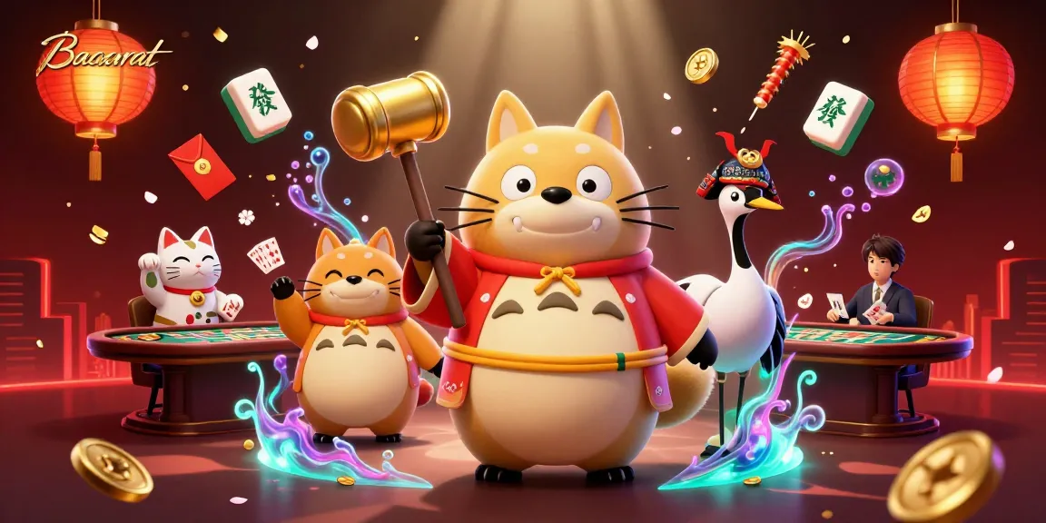 Baccarat table scene featuring cheerful tanuki, crane, and waving maneki-neko in a vibrant casino atmosphere.