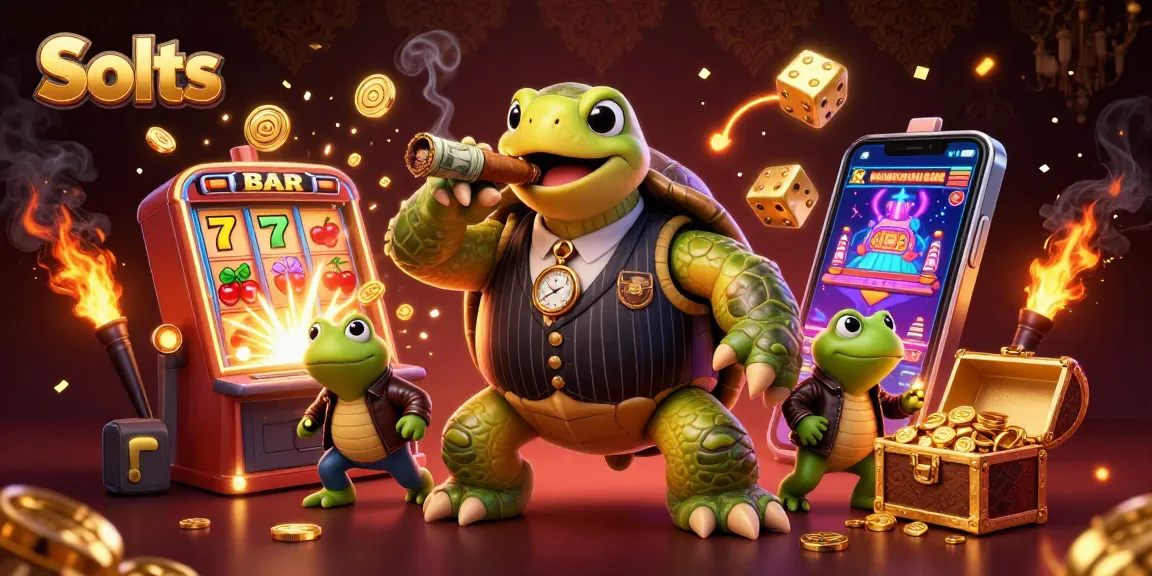 Slots scene featuring a cartoon turtle in pinstripe suit with jackpot elements and vibrant casino atmosphere