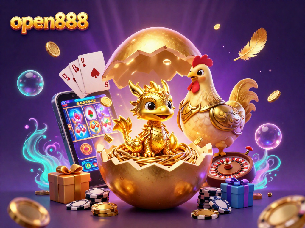 Experience open888's vibrant casino world with a golden dragon and poker chips in this 3D illustration.