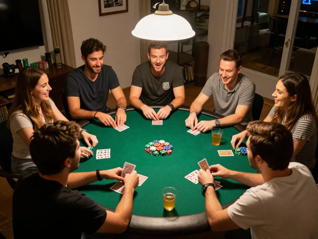 Players at a lively home poker night engaging in the game with excitement, showcasing 99Win strategies