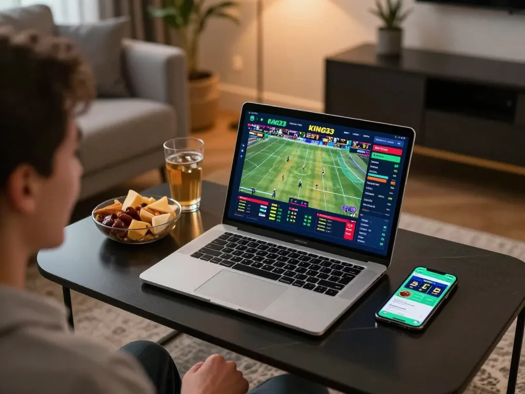 Engaged player using king33 for sports betting with live event on laptop.