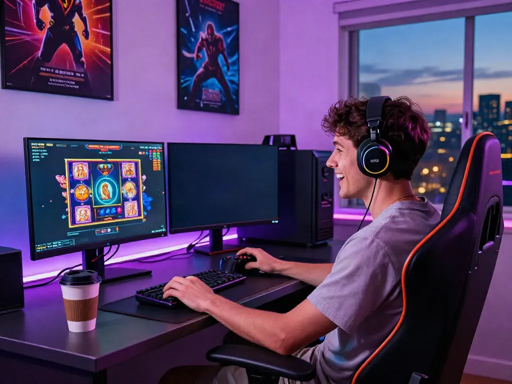 Online gaming enthusiast enjoying akunjp slot games in a vibrant setup.