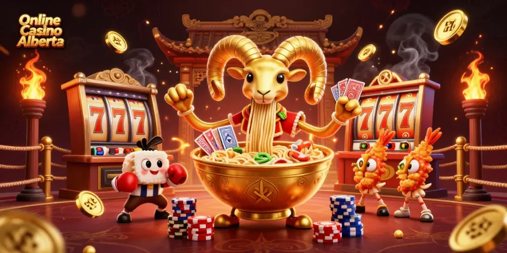 Engage with Online Casino Alberta featuring a vibrant scene of cartoon characters in a dynamic casino setting.