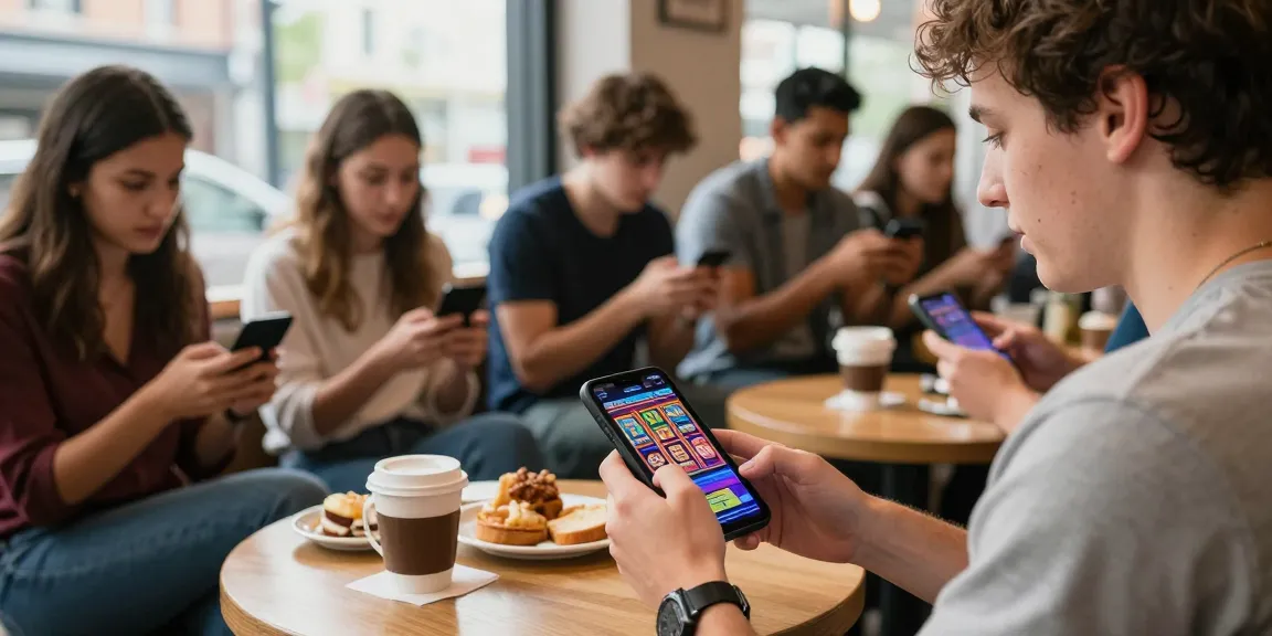 Enjoying a mobile slot game at a coffee shop with friends.