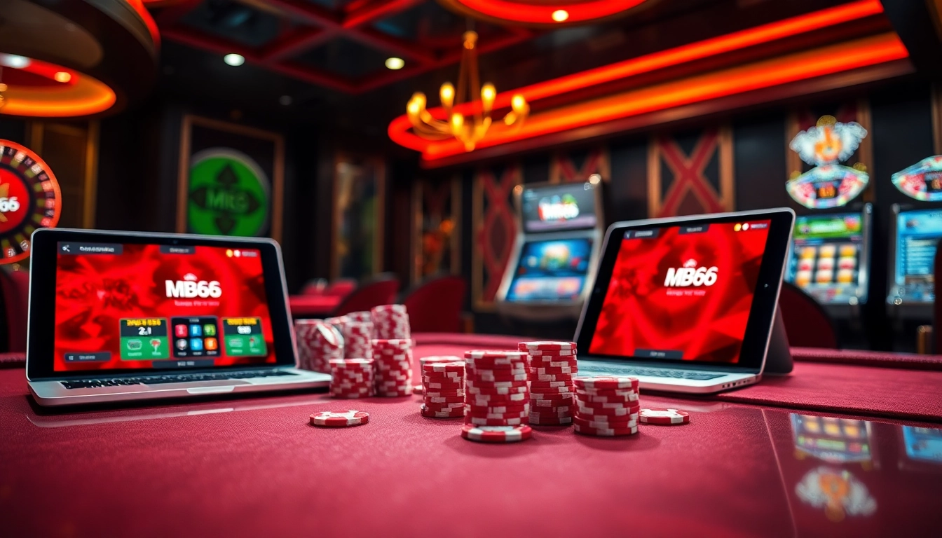 Join the thrilling action at MB66 with vibrant casino visuals showcasing poker and betting elements.