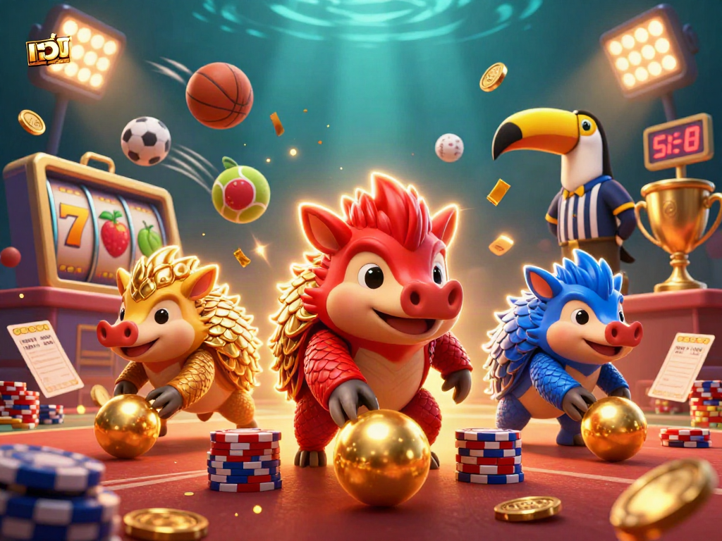 Win big on เว็บสล็อต with rival pangolins competing in a vibrant casino showdown.