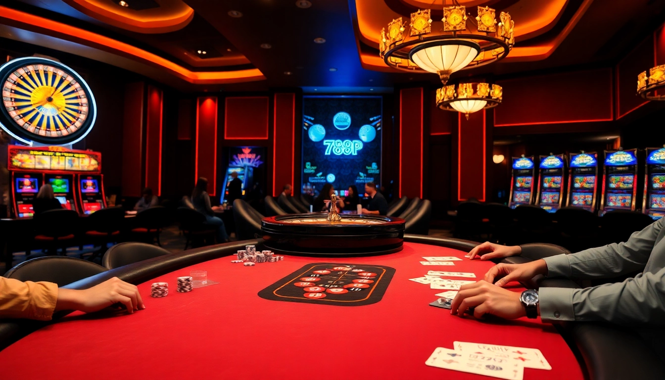 Players examining their cards at 789P's luxurious poker table in a vibrant casino.