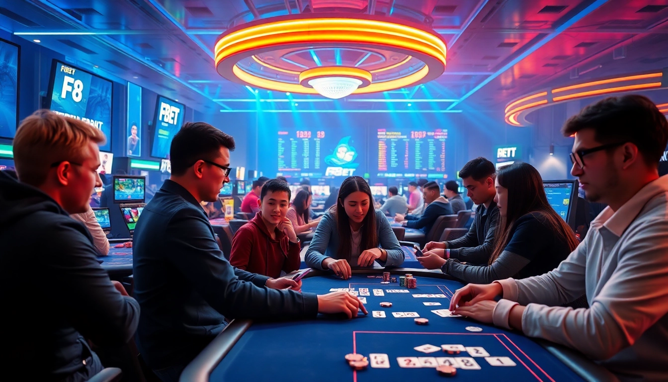 Engaging online gaming scene featuring diverse players at https://f8bet.io/ centralized around a digital casino atmosphere with dynamic lighting.