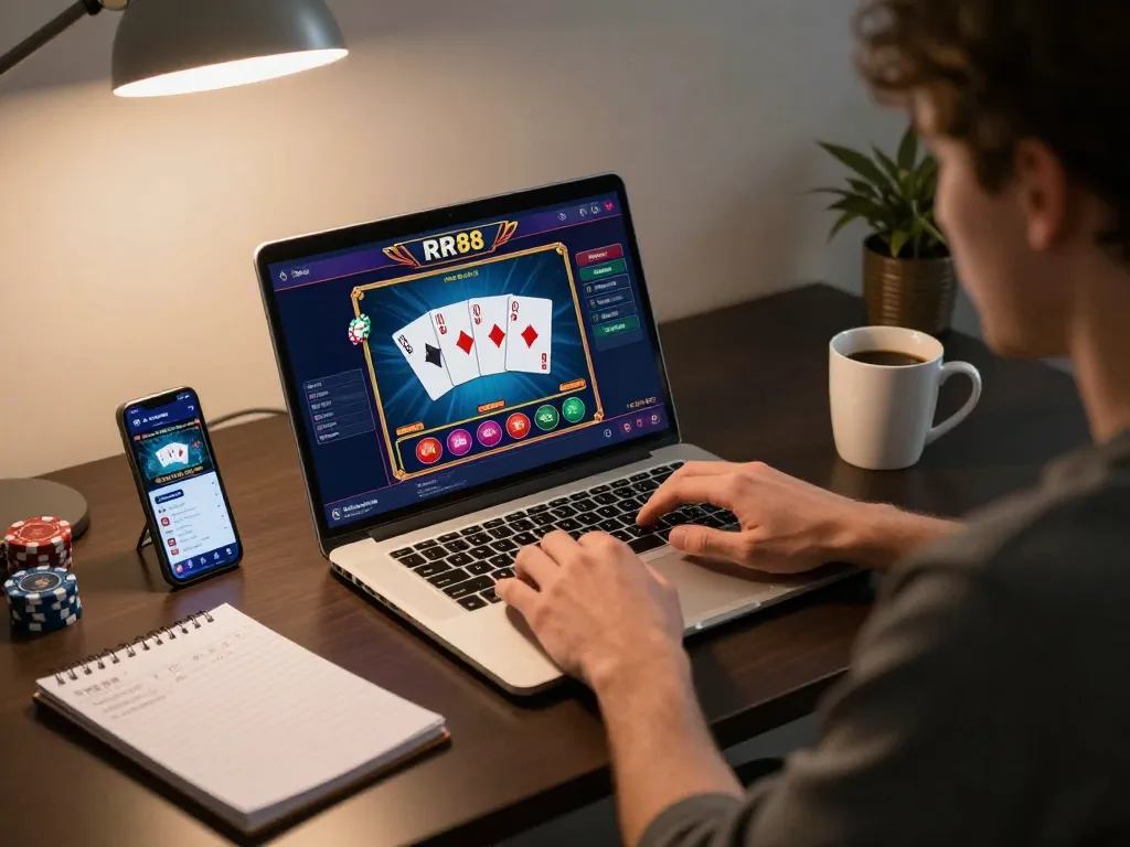 RR88 online gaming setup featuring a player engaged with poker and betting app on a laptop.