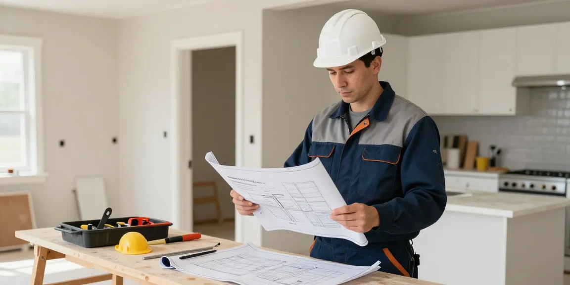 Trusted masonry regina contractor reviewing blueprints at a renovation site.