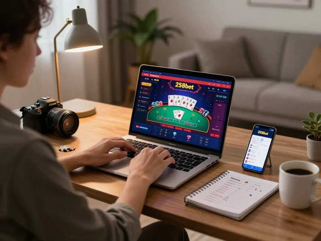 Engaging in online gaming with 258bet on a stylish laptop at home, showcasing vibrant casino action.
